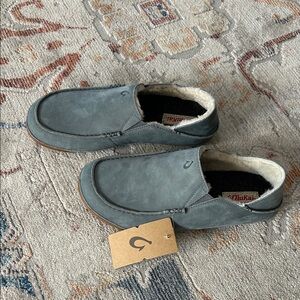 OluKai Men's Blue/Gray 100% Real Leather Shearing Lined Slip-On Loafers